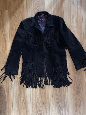 VTG Genuine Black Suede Leather Fringe Jacket Wester Cowboy Rocker Coat Size L